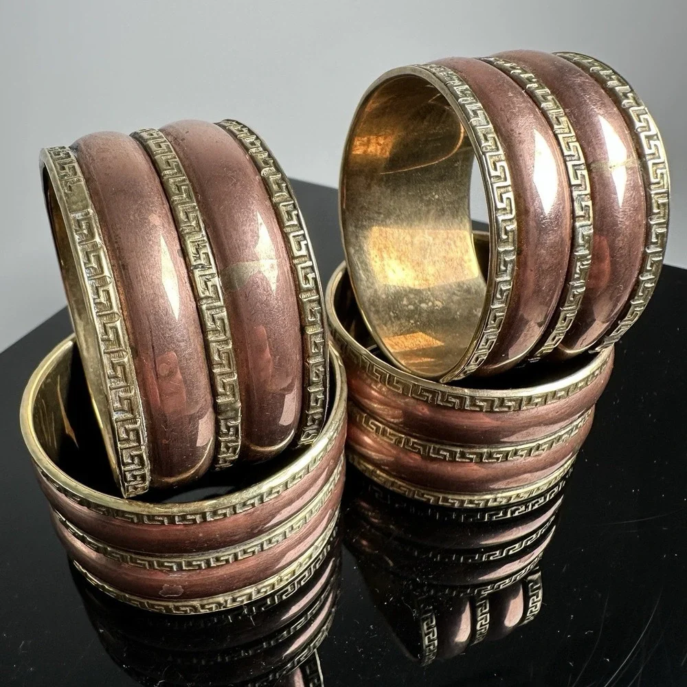 Vintage Set 4 Brass Copper Greek Key Mid Century Regency Napkin Holder Rings
